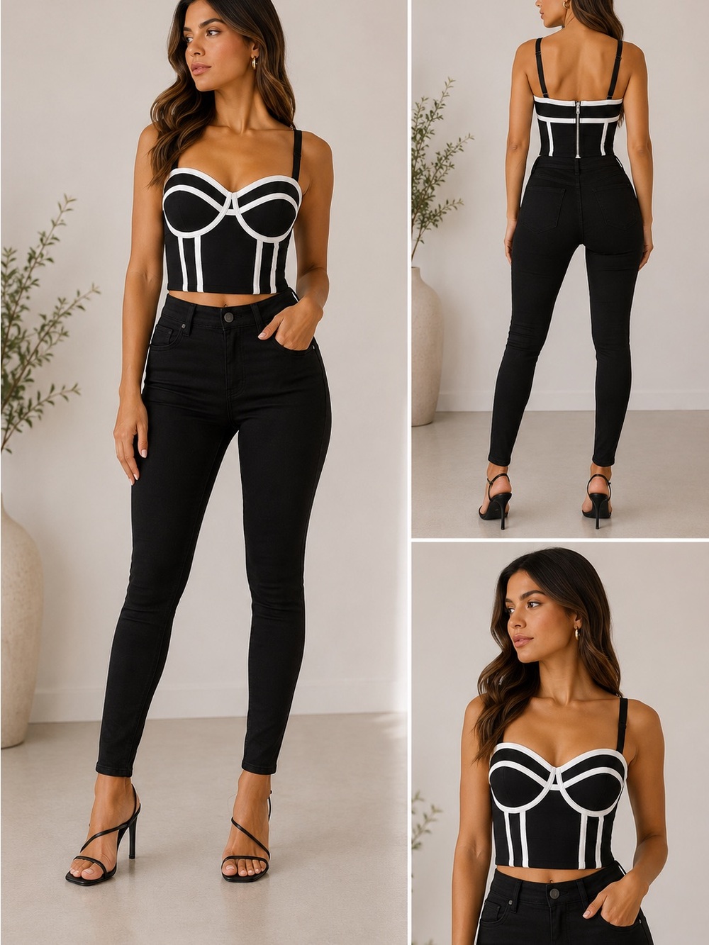 bebe Black Crop Bustier Top with White Stitching